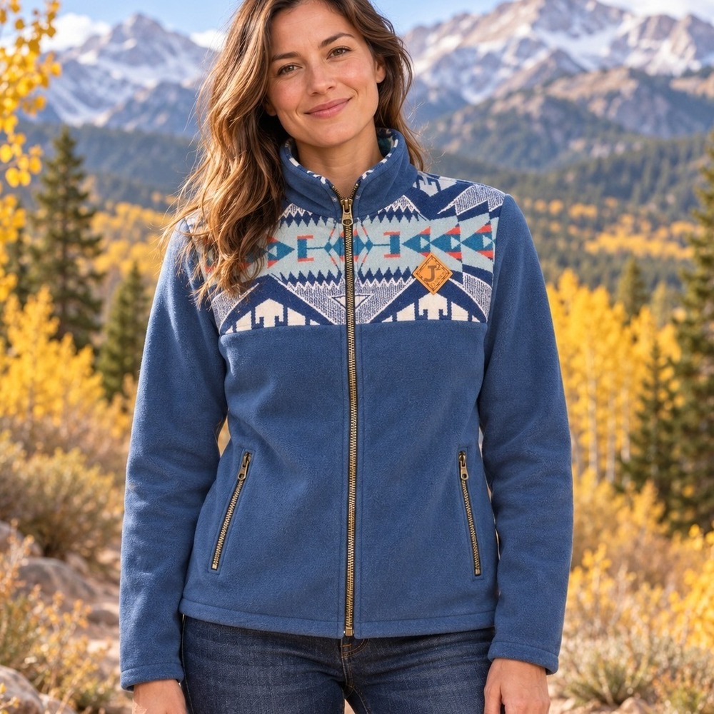 J2 Colorado Fleece Jacket Medium Blue Southwest Geometric Full Zip USA Outdoor